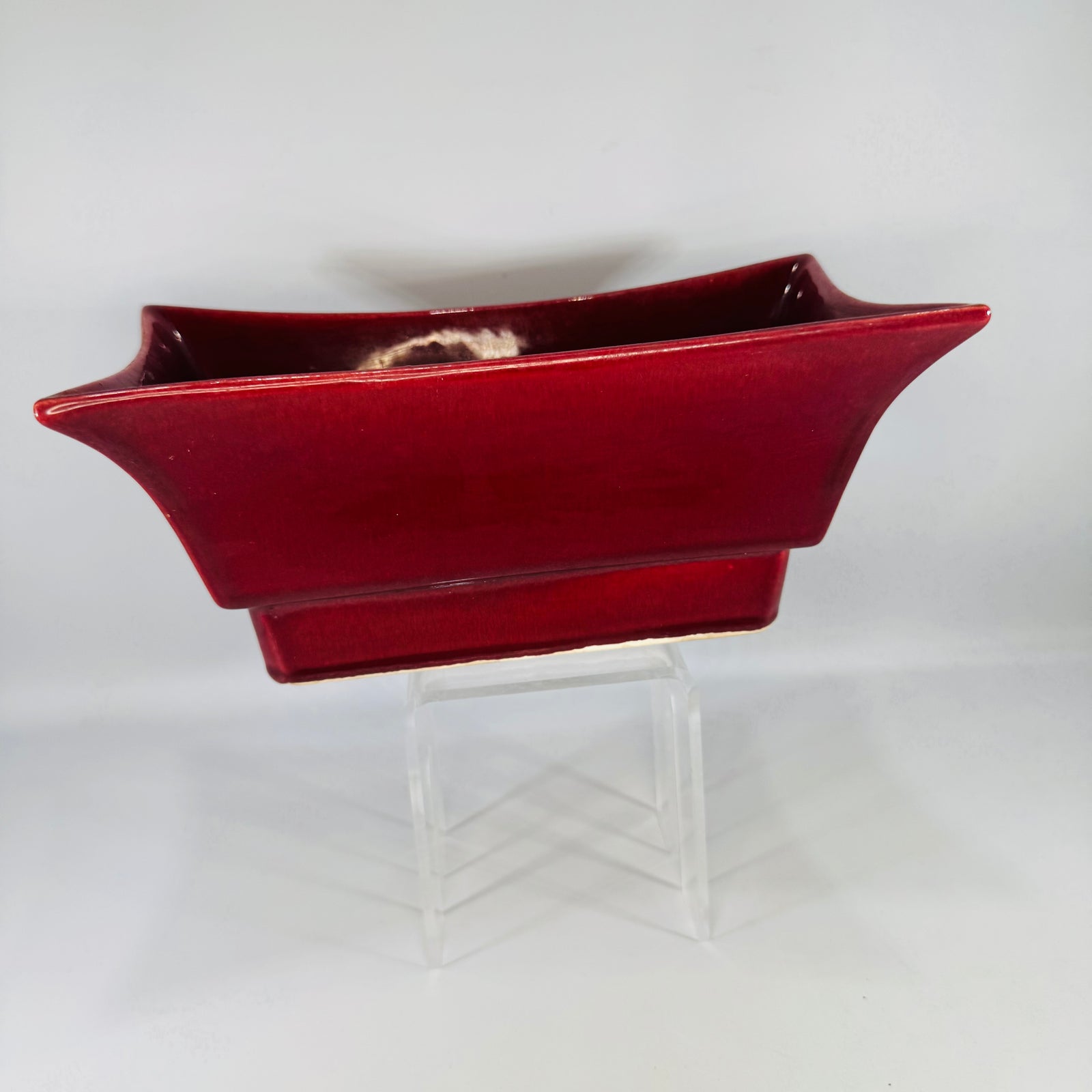 Vintage Red Ceramic Planter | flared rectangular art pottery vase