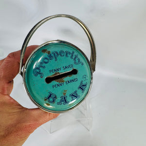 Vintage J Chein Prosperity Bank | Aqua Tin Pail Still Bank
