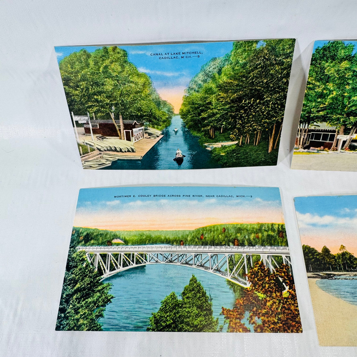 Cadillac Michigan Postcards, Lake Mitchell, Cooley Bridge, 4 Vintage Linen Cards