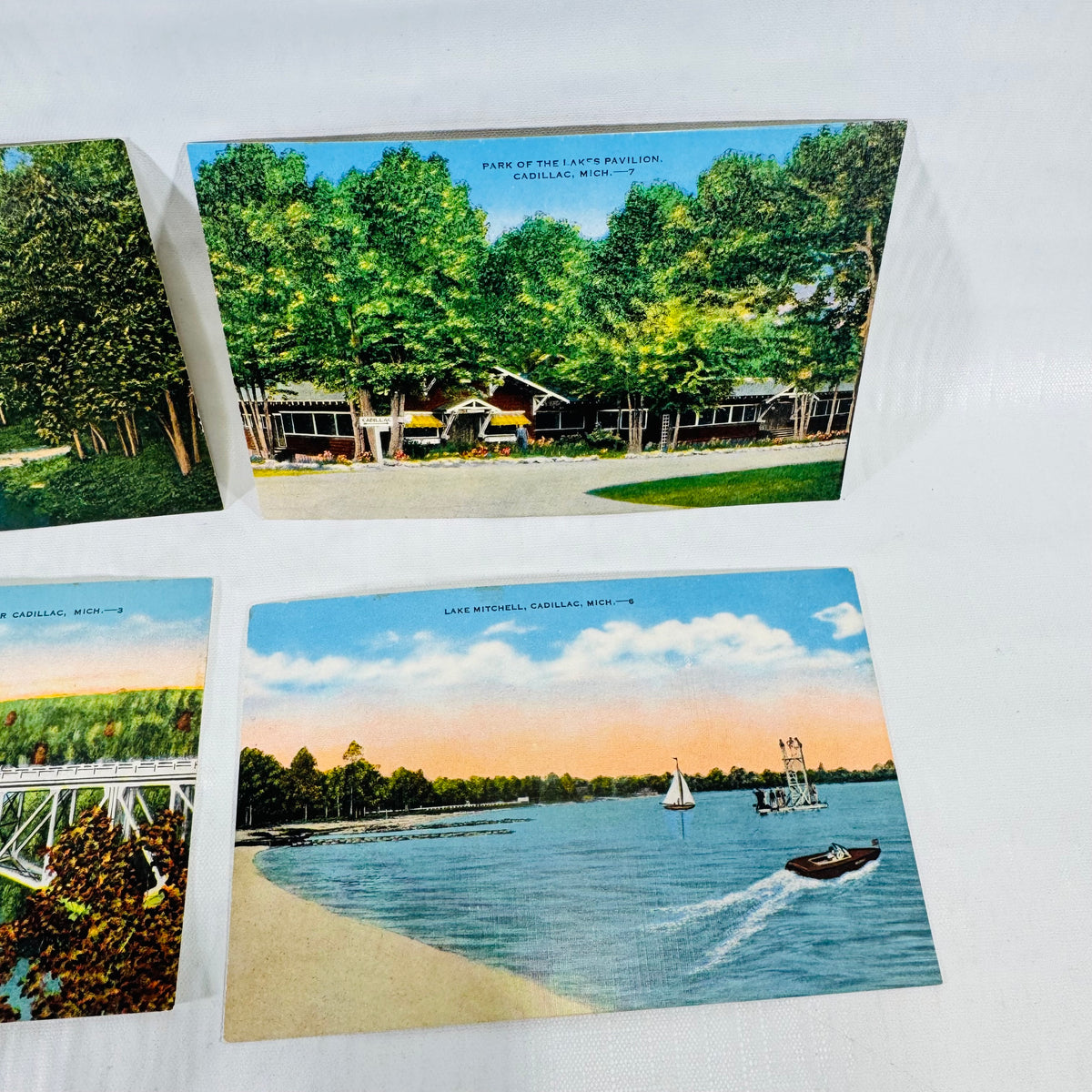 Cadillac Michigan Postcards, Lake Mitchell, Cooley Bridge, 4 Vintage Linen Cards