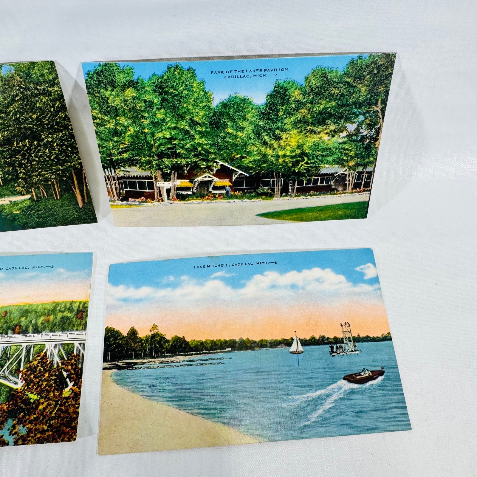 Cadillac Michigan Postcards, Lake Mitchell, Cooley Bridge, 4 Vintage Linen Cards