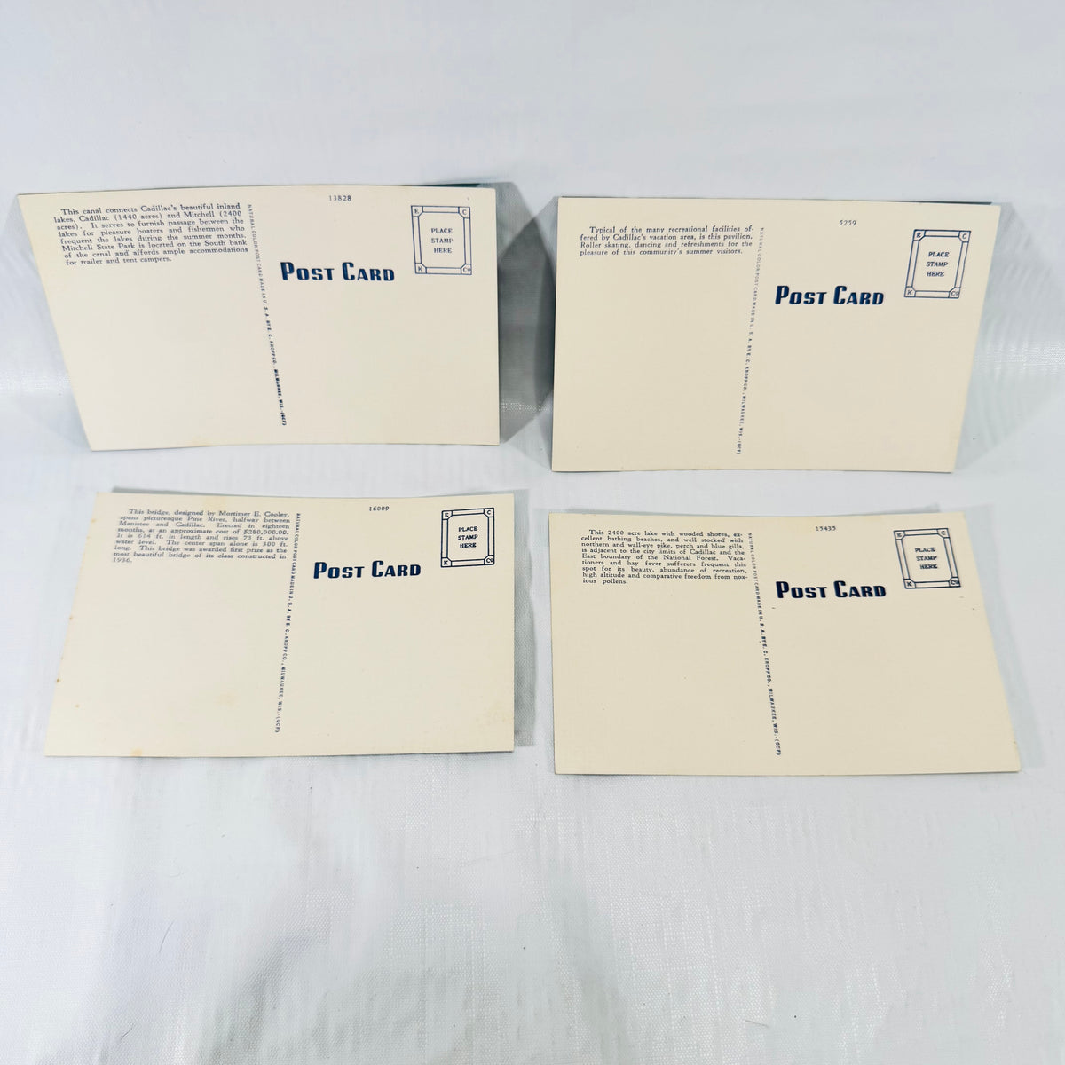 Cadillac Michigan Postcards, Lake Mitchell, Cooley Bridge, 4 Vintage Linen Cards
