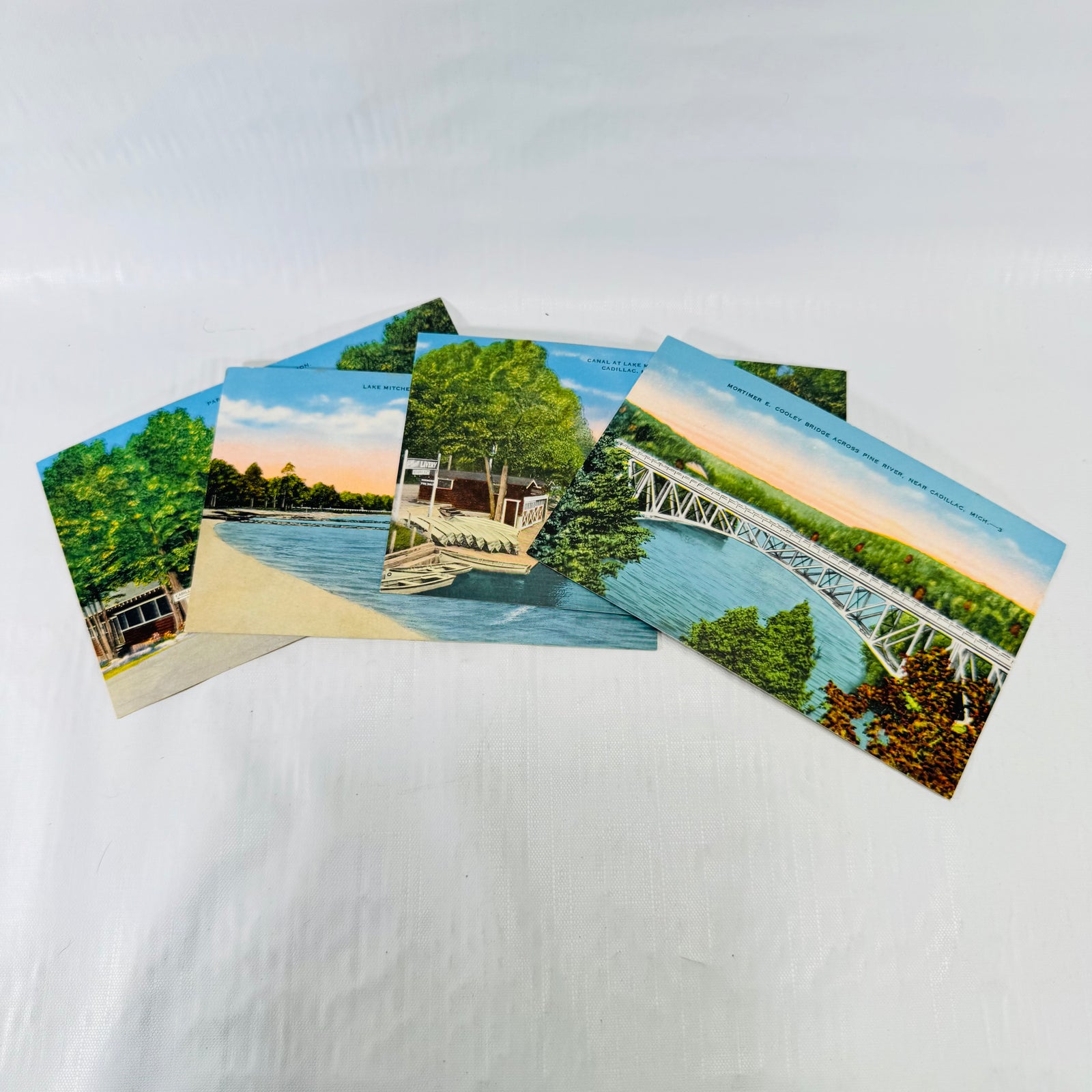 Cadillac Michigan Postcards, Lake Mitchell, Cooley Bridge, 4 Vintage Linen Cards