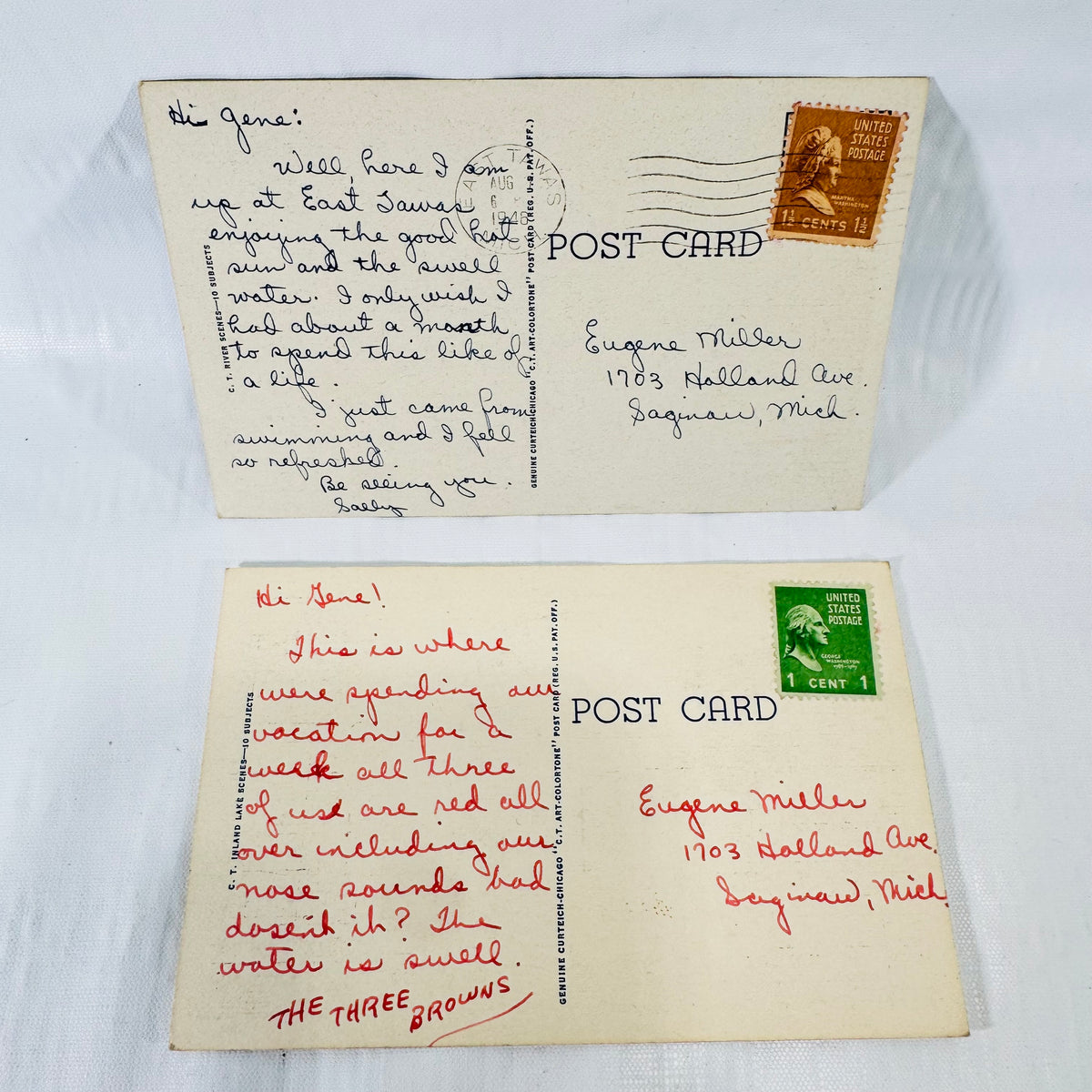 East Tawas Michigan Postcards 1933 and 1935, Lovers Retreat, Lot of 2