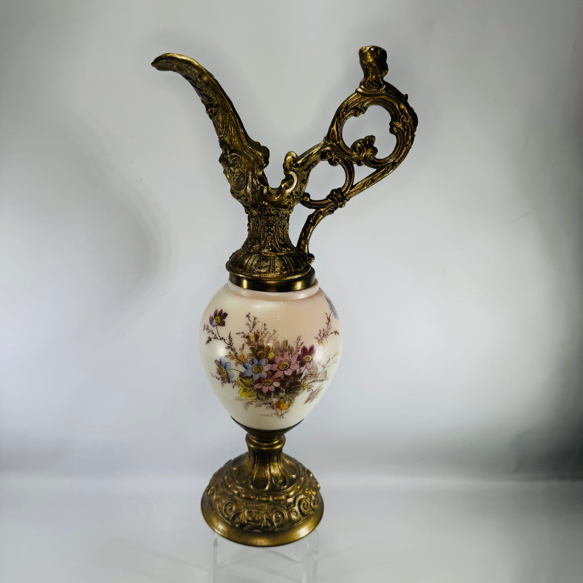 Antique Victorian Wavecrest Style Ewer | Floral Glass Mantel Decor