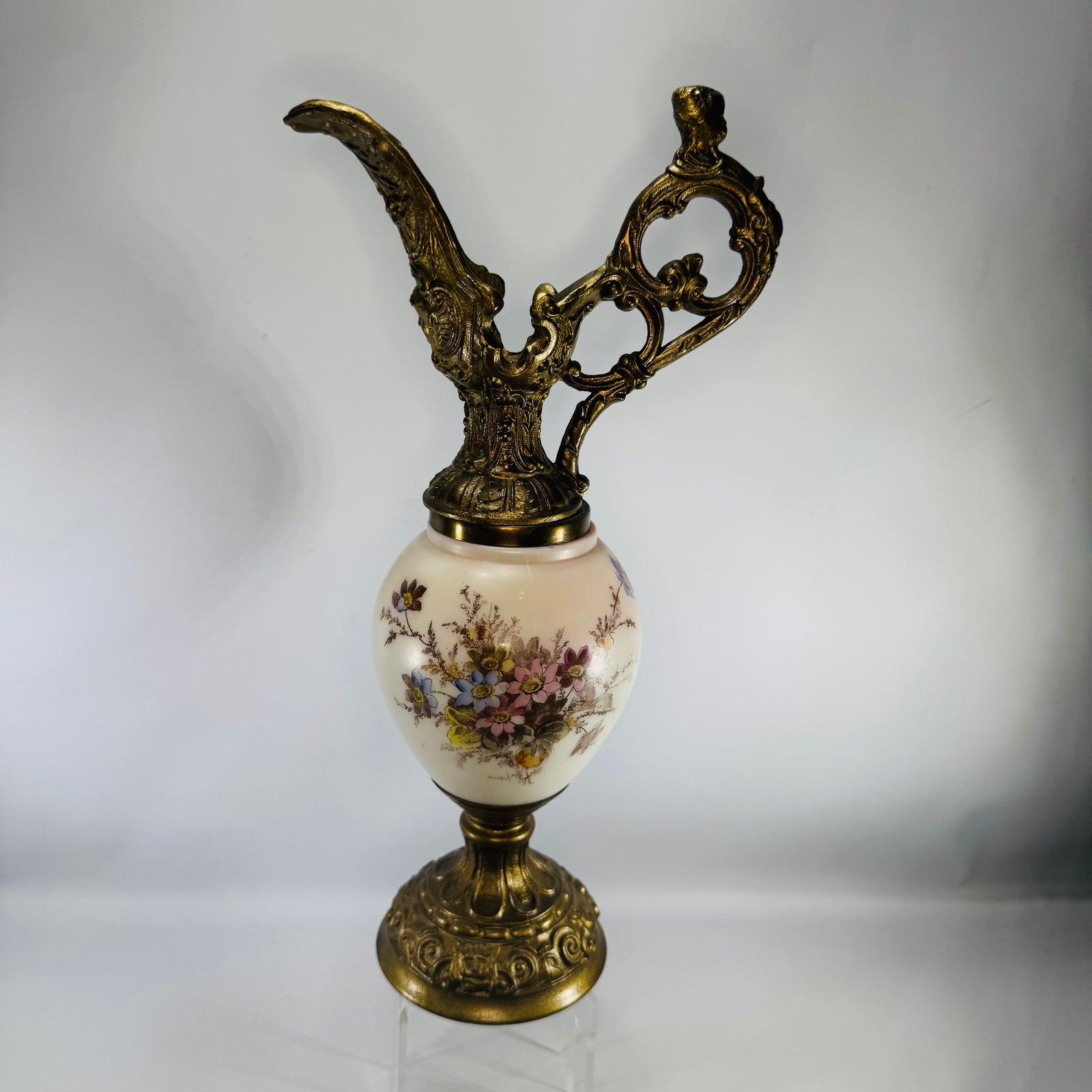 Antique Victorian Wavecrest Style Ewer | Floral Glass Mantel Decor