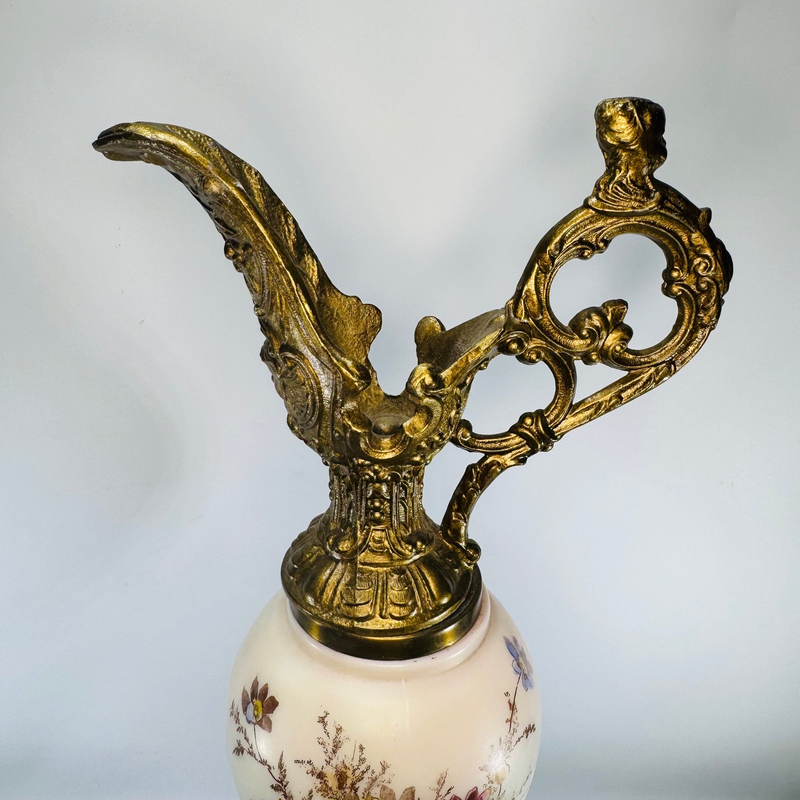 Antique Victorian Wavecrest Style Ewer | Floral Glass Mantel Decor