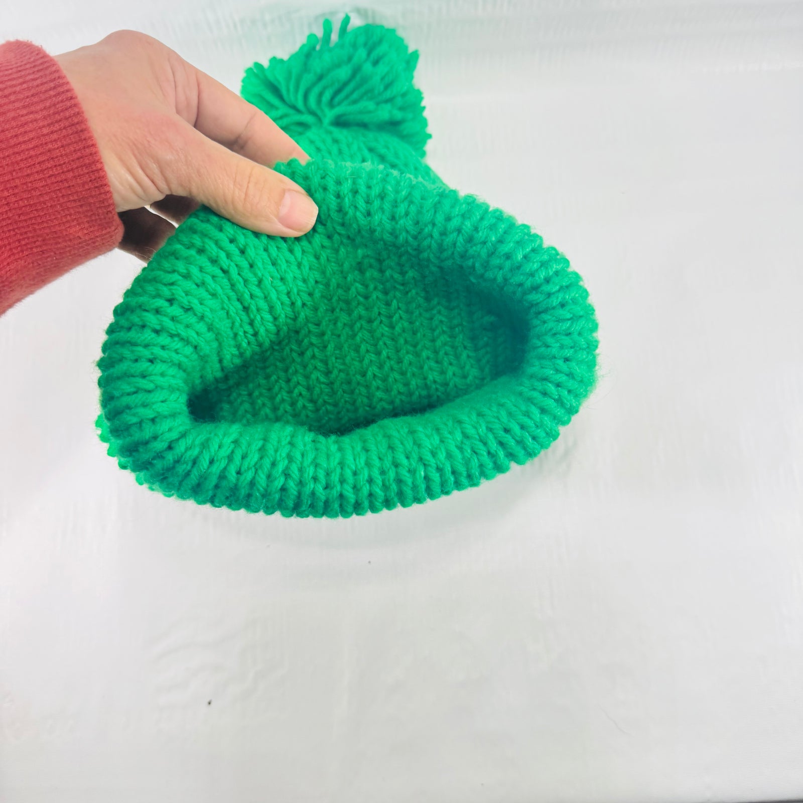 Emerald Green Hand Knit Pom Pom Beanie 1990s Double Layer Cuffed Winter Hat