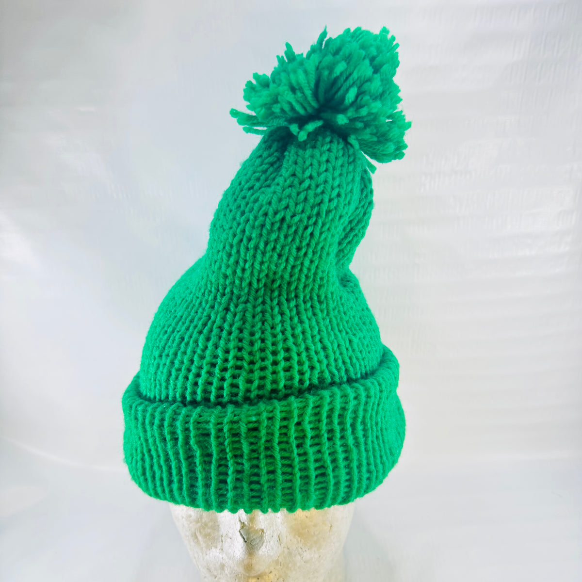 Emerald Green Hand Knit Pom Pom Beanie 1990s Double Layer Cuffed Winter Hat