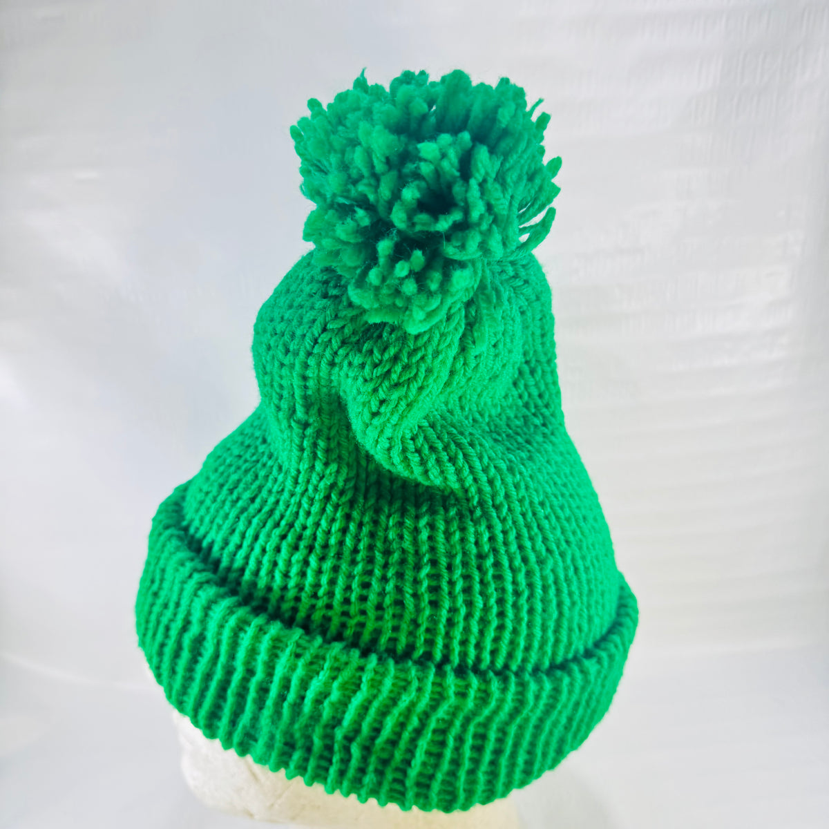 Emerald Green Hand Knit Pom Pom Beanie 1990s Double Layer Cuffed Winter Hat