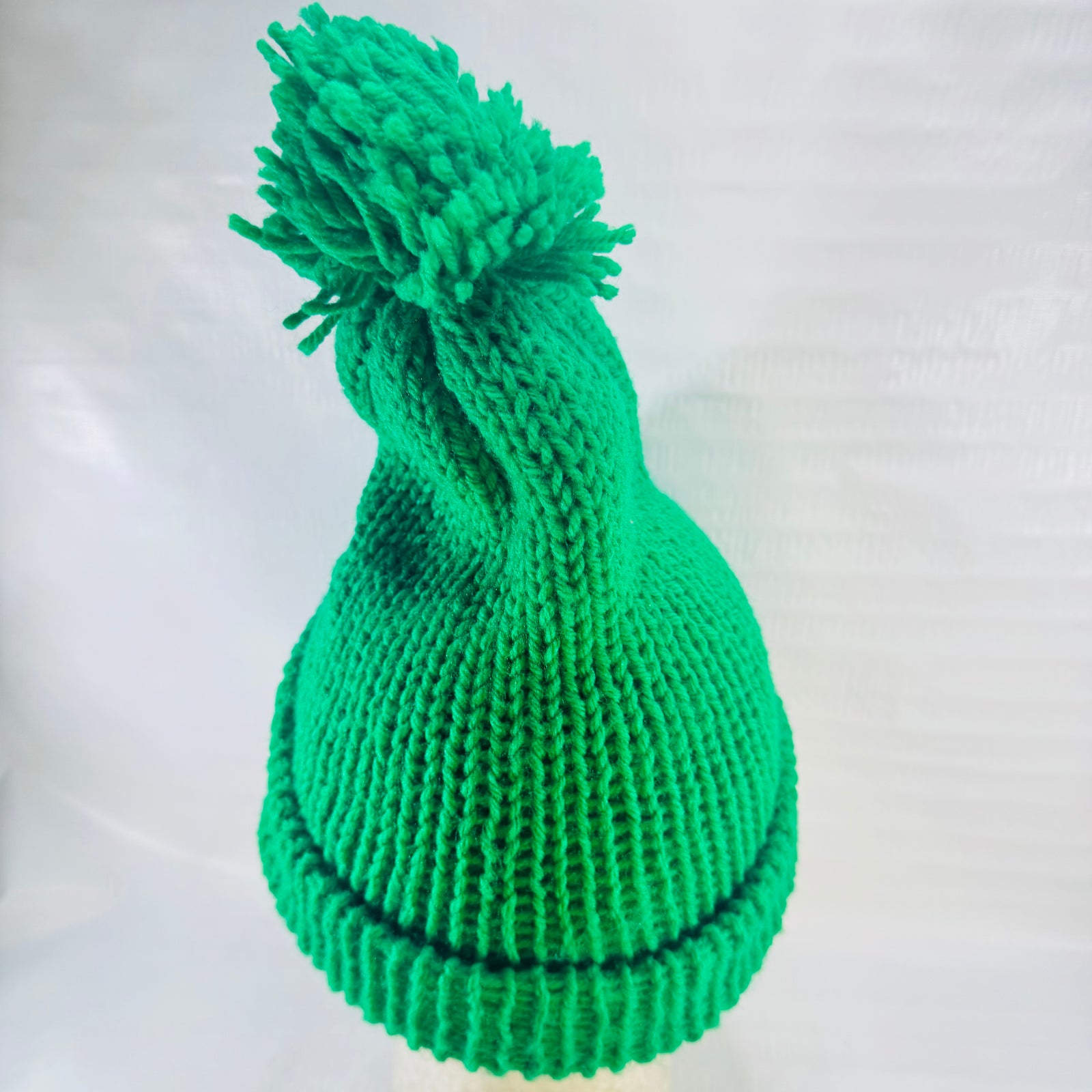 Emerald Green Hand Knit Pom Pom Beanie 1990s Double Layer Cuffed Winter Hat