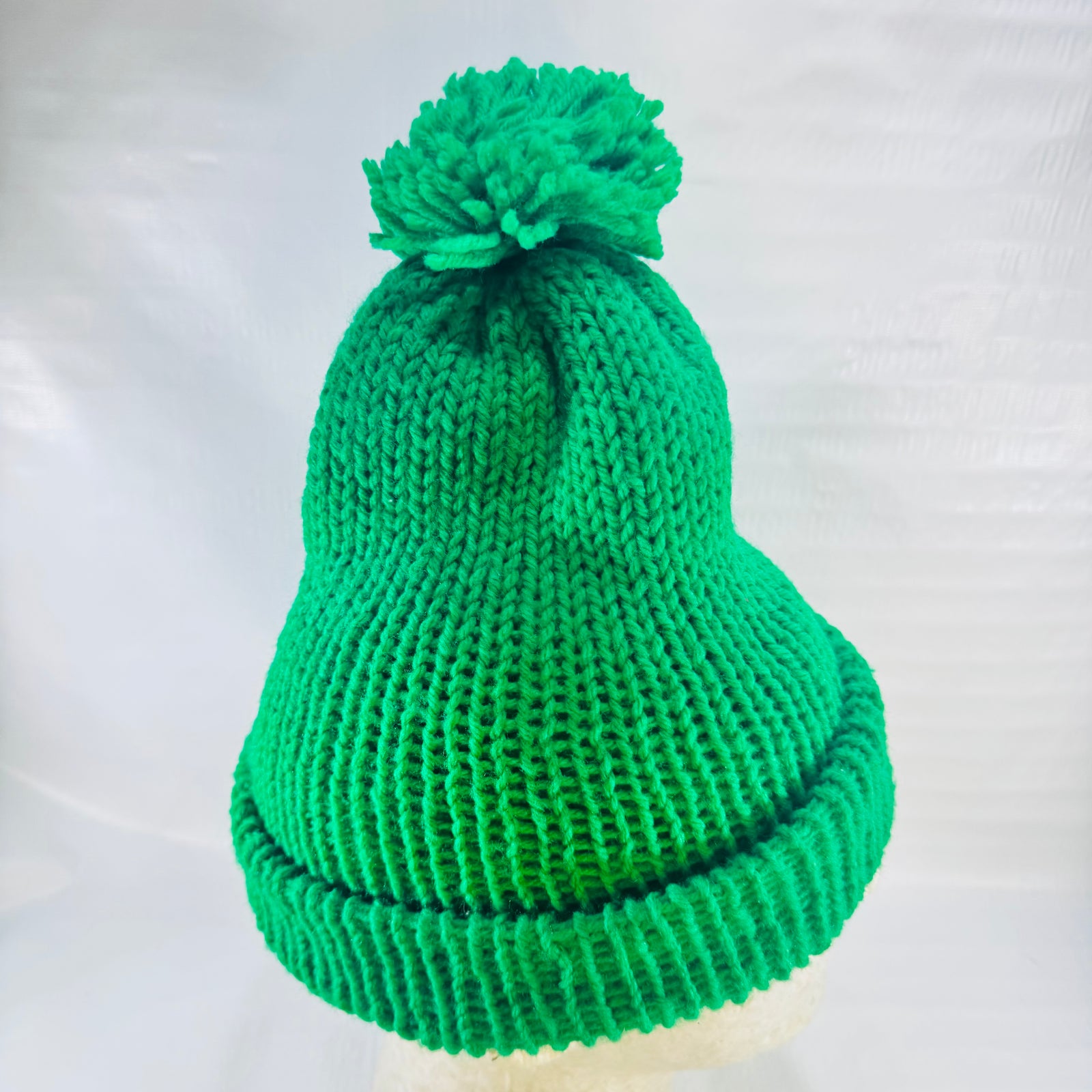 Emerald Green Hand Knit Pom Pom Beanie 1990s Double Layer Cuffed Winter Hat