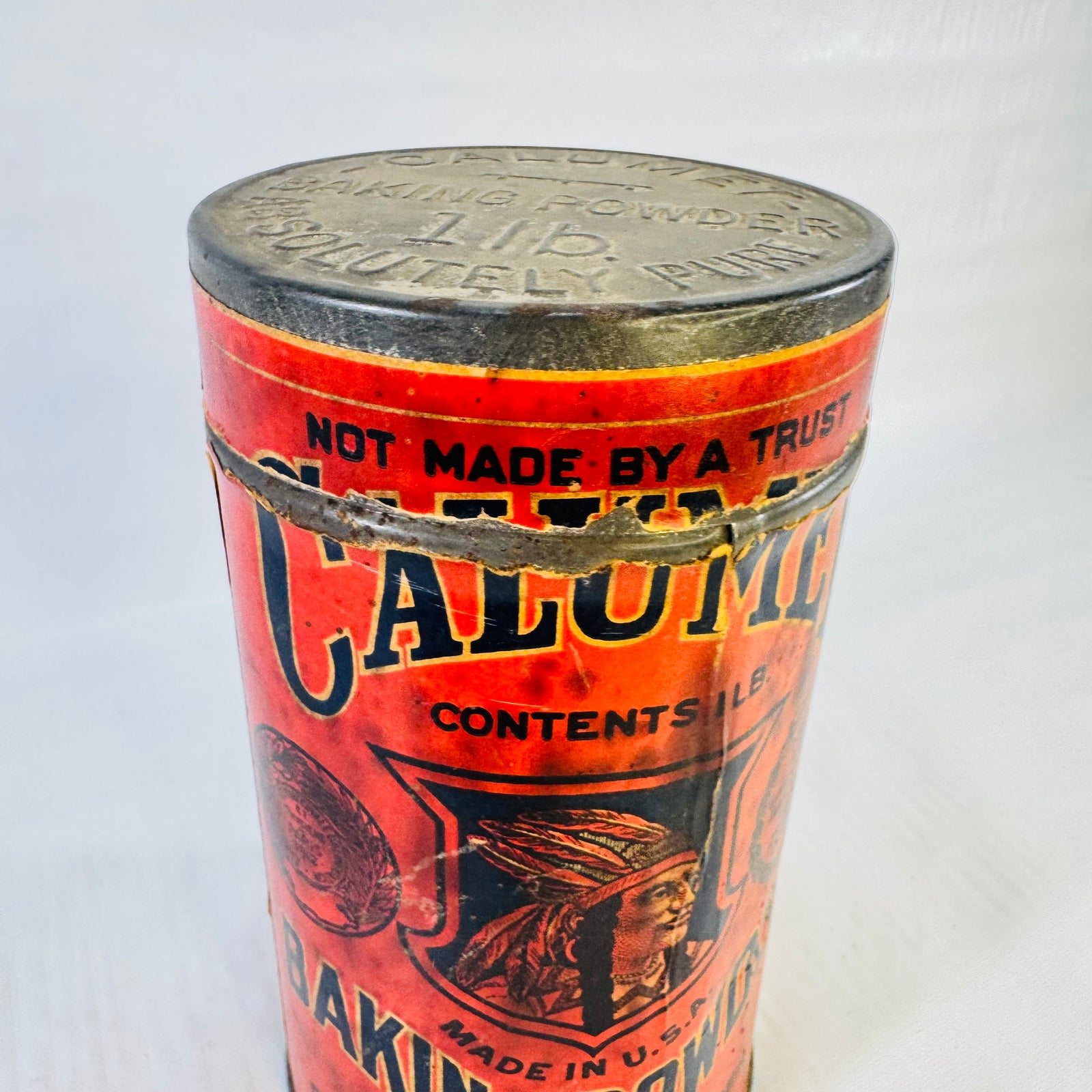 Calumet Baking Powder 1 lb Antique Tin Chicago Native American Chief Advertising Can