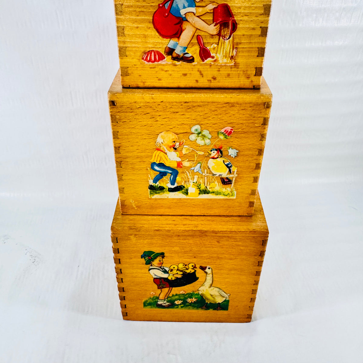 Vintage Wooden Nesting Boxes 5 Piece Illustrated Children's Stacking Toy