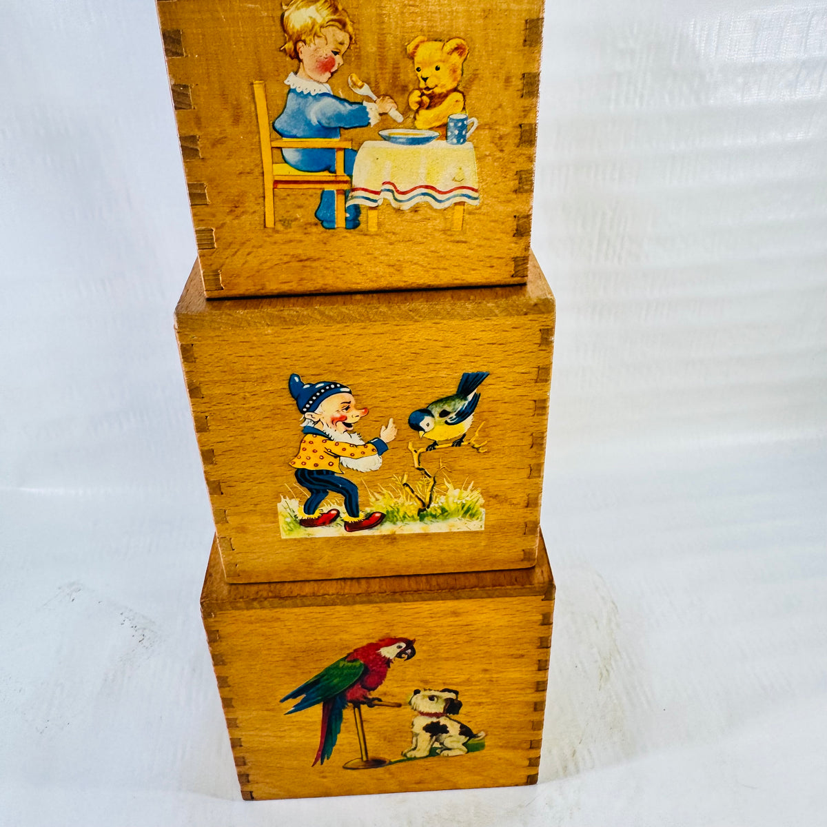 Vintage Wooden Nesting Boxes 5 Piece Illustrated Children's Stacking Toy