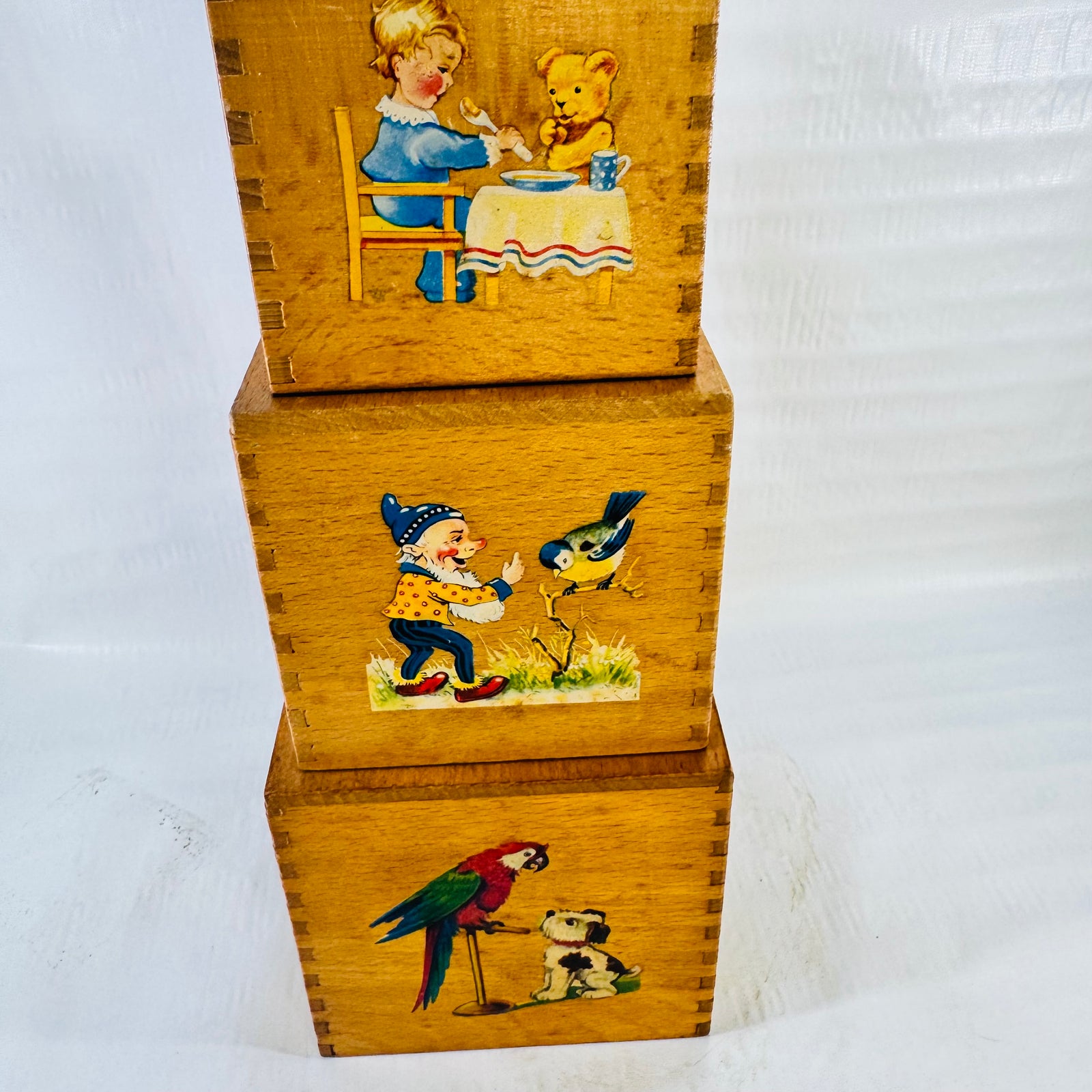 Vintage Wooden Nesting Boxes 5 Piece Illustrated Children's Stacking Toy