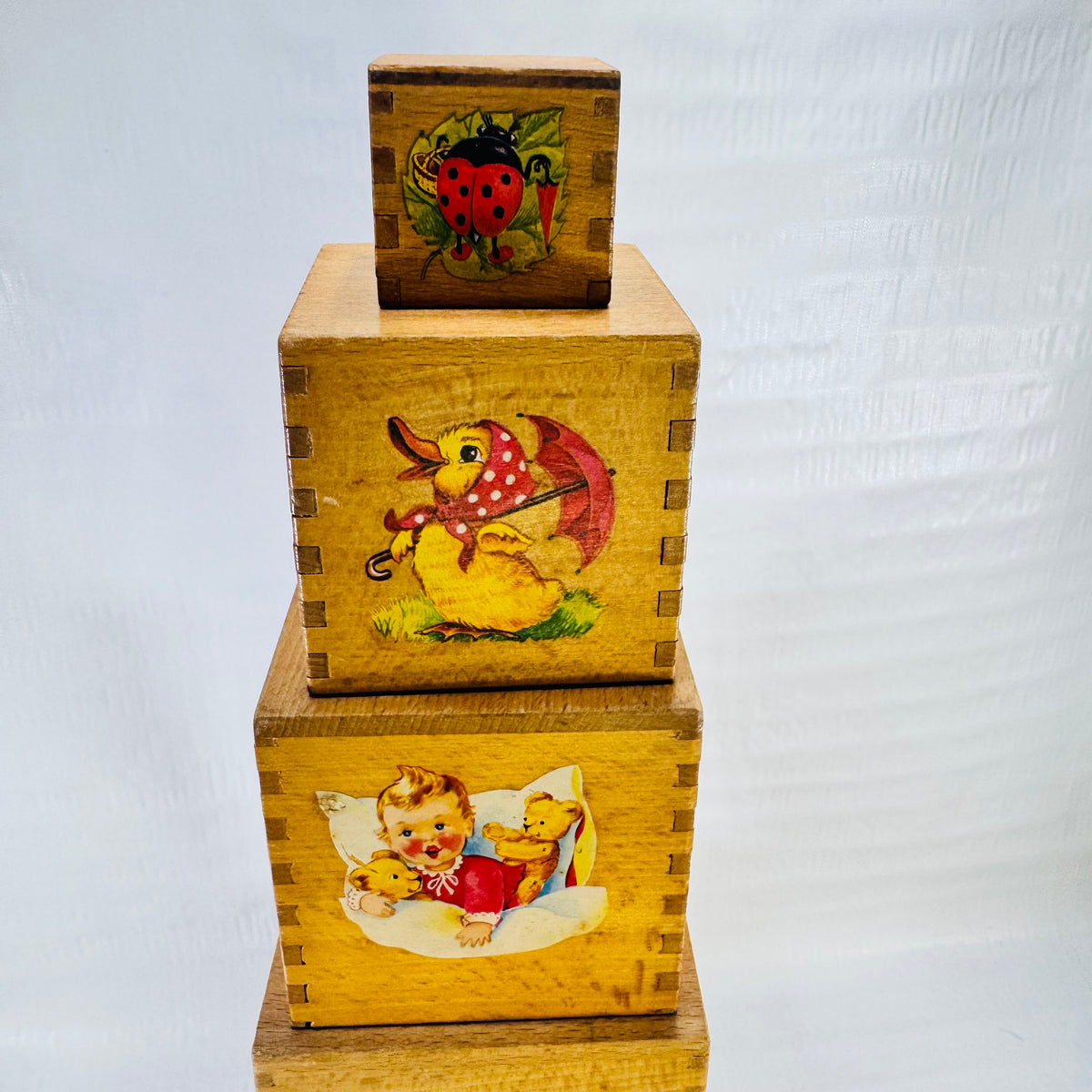 Vintage Wooden Nesting Boxes 5 Piece Illustrated Children's Stacking Toy