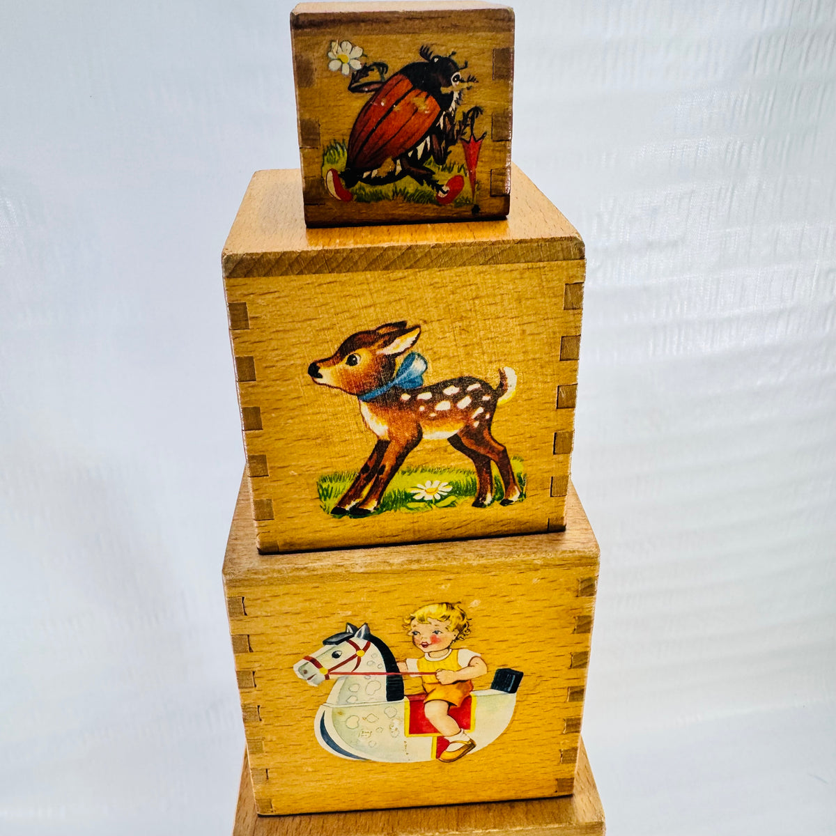 Vintage Wooden Nesting Boxes 5 Piece Illustrated Children's Stacking Toy