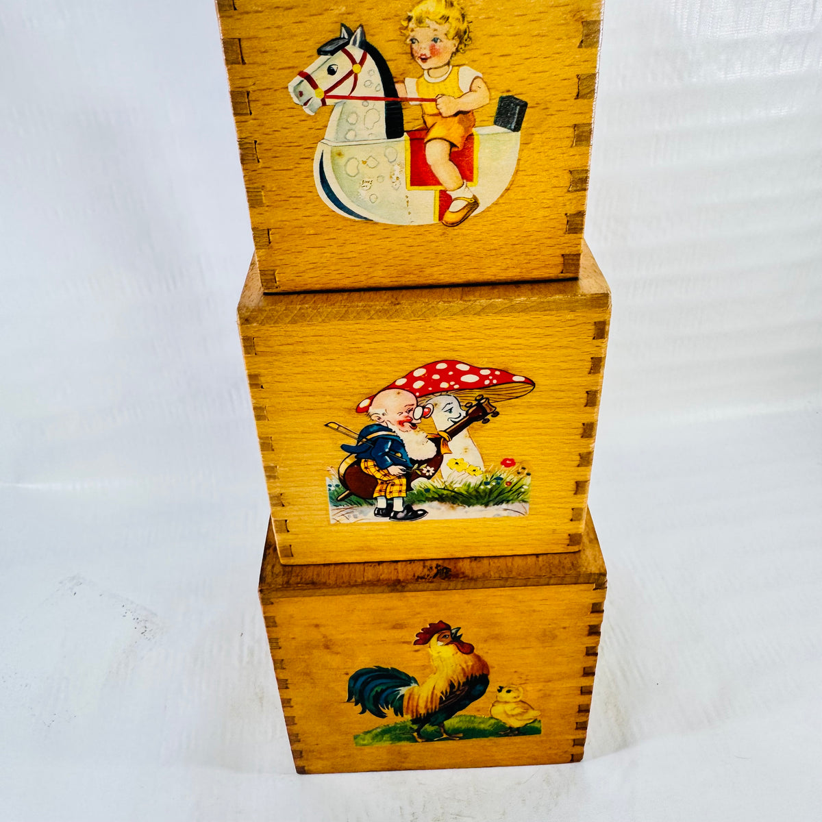 Vintage Wooden Nesting Boxes 5 Piece Illustrated Children's Stacking Toy