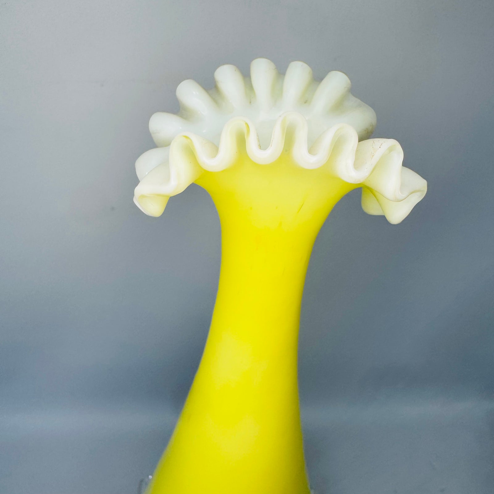 Vintage Yellow Cased Glass Ruffle Vase | White Rim Art Glass Bud Vase