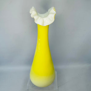 Vintage Yellow Cased Glass Ruffle Vase | White Rim Art Glass Bud Vase