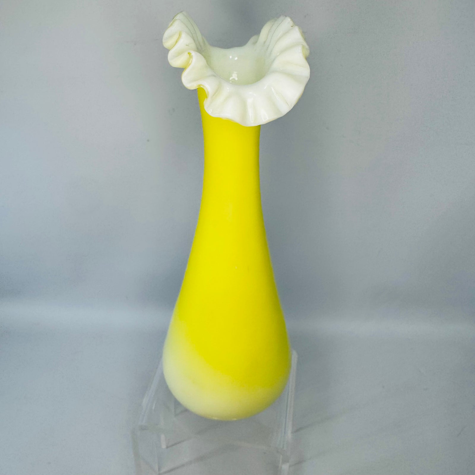 Vintage Yellow Cased Glass Ruffle Vase | White Rim Art Glass Bud Vase