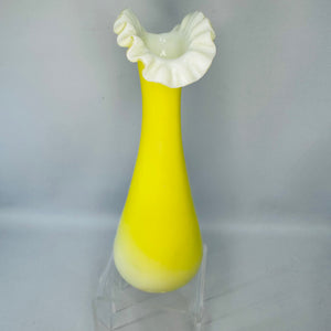 Vintage Yellow Cased Glass Ruffle Vase | White Rim Art Glass Bud Vase