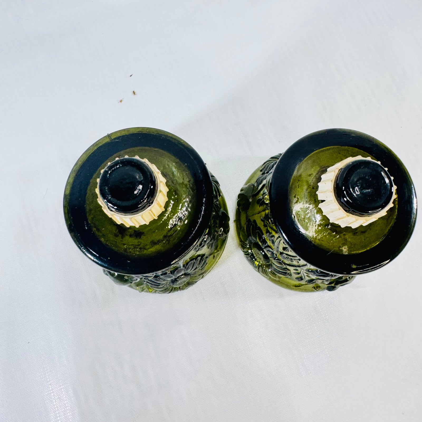 HOMCO Green Daisy Glass Peg Votive Candle Holders 1970s Pair