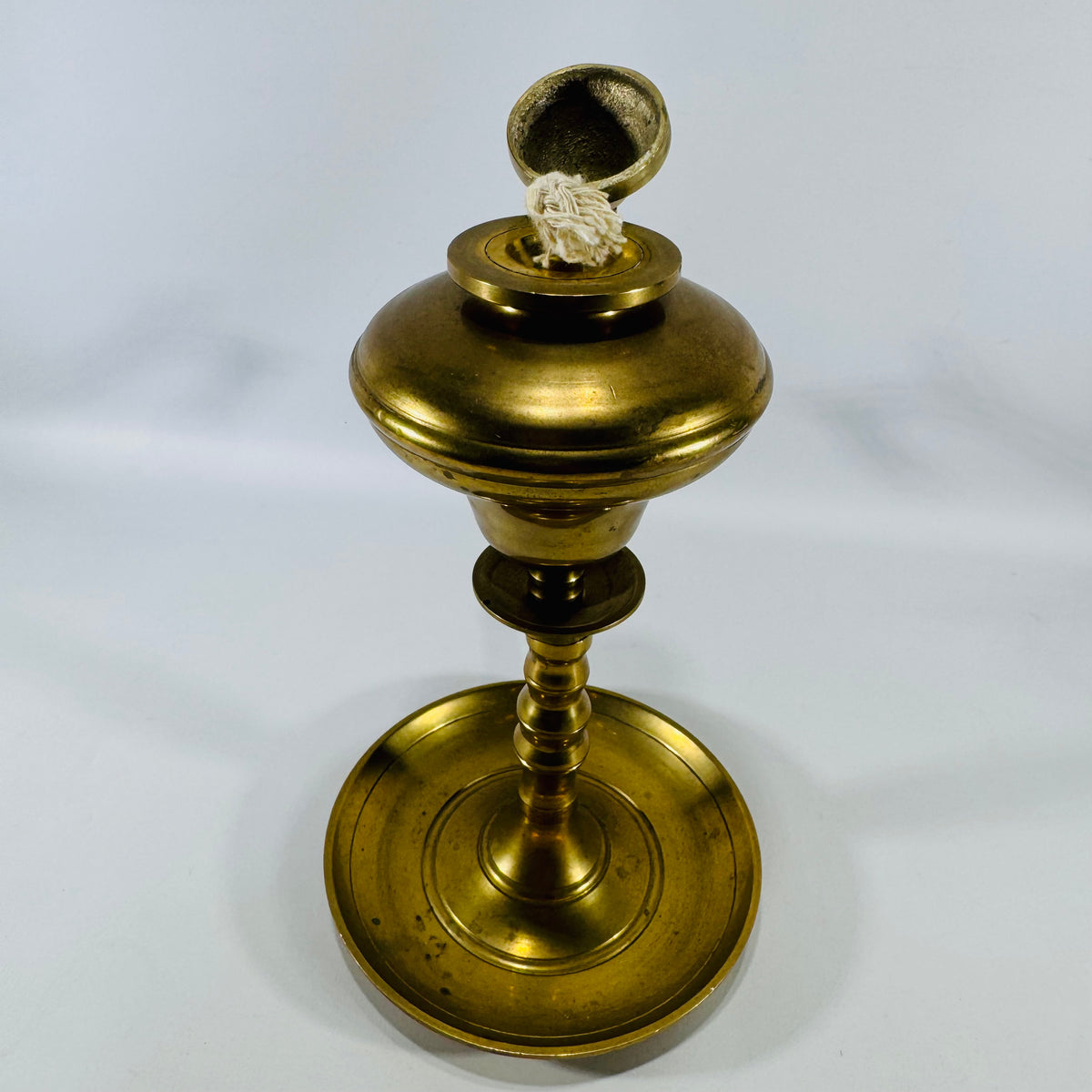 Vintage Solid Brass Whale Oil Finger Lamp | Hinged Lid Brass Lighting Collectible