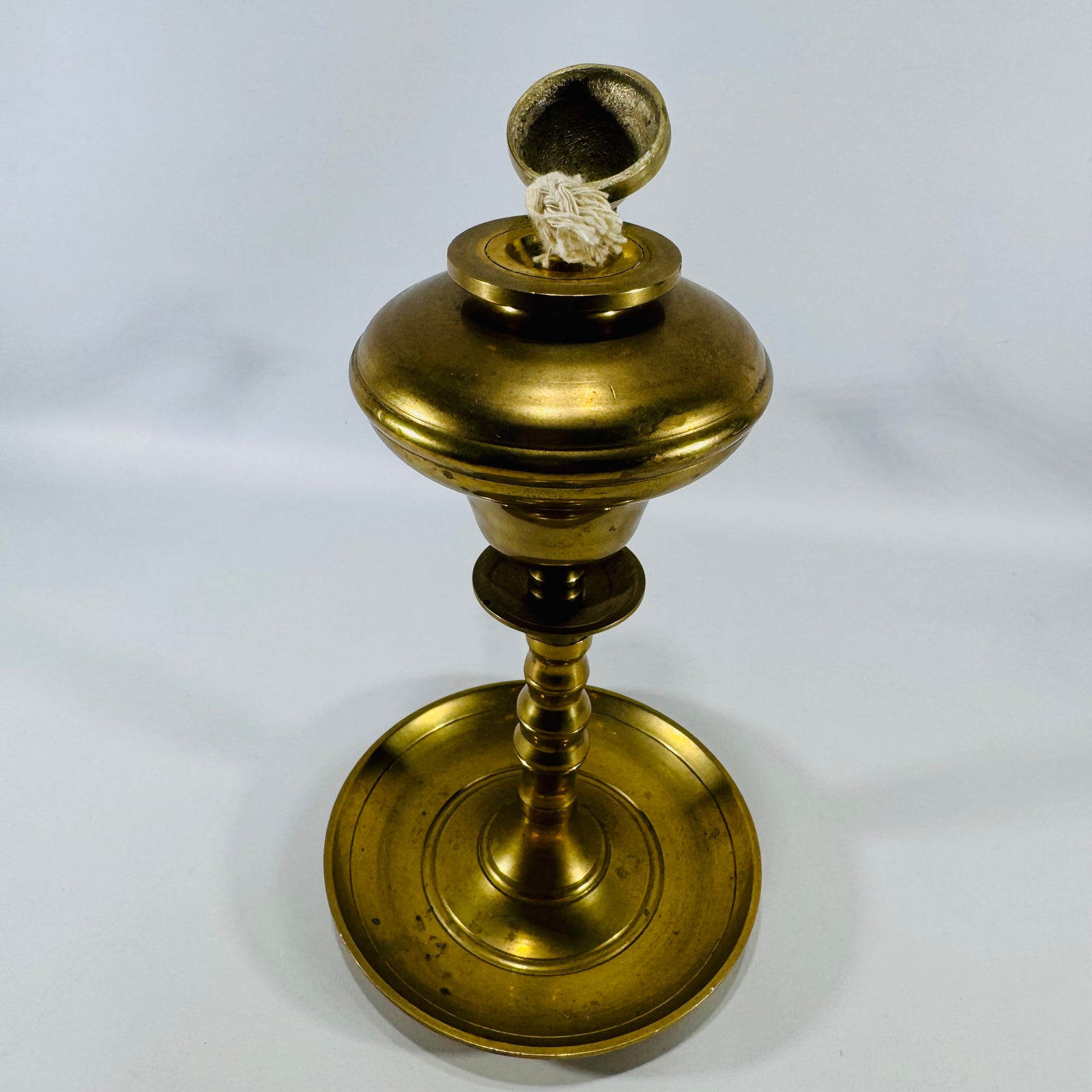 Vintage Solid Brass Whale Oil Finger Lamp | Hinged Lid Brass Lighting Collectible