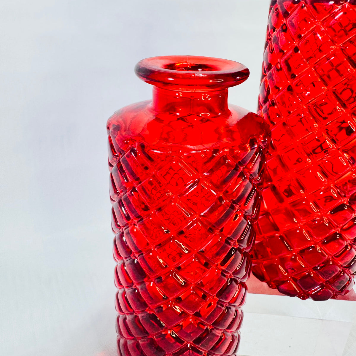 Ruby Red Diamond Quilted Glass Bud Vases Vintage 6 Inch Pair