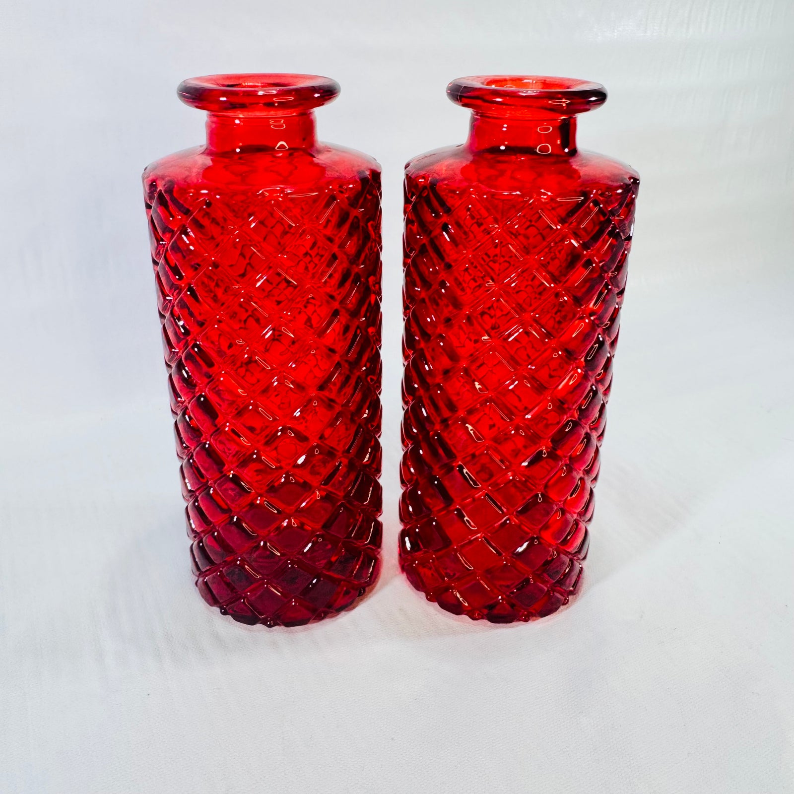 Ruby Red Diamond Quilted Glass Bud Vases Vintage 6 Inch Pair
