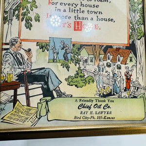 Vintage Little Town Framed Advertising Print | 1952 Chief Oil Co Kansas Motto Art