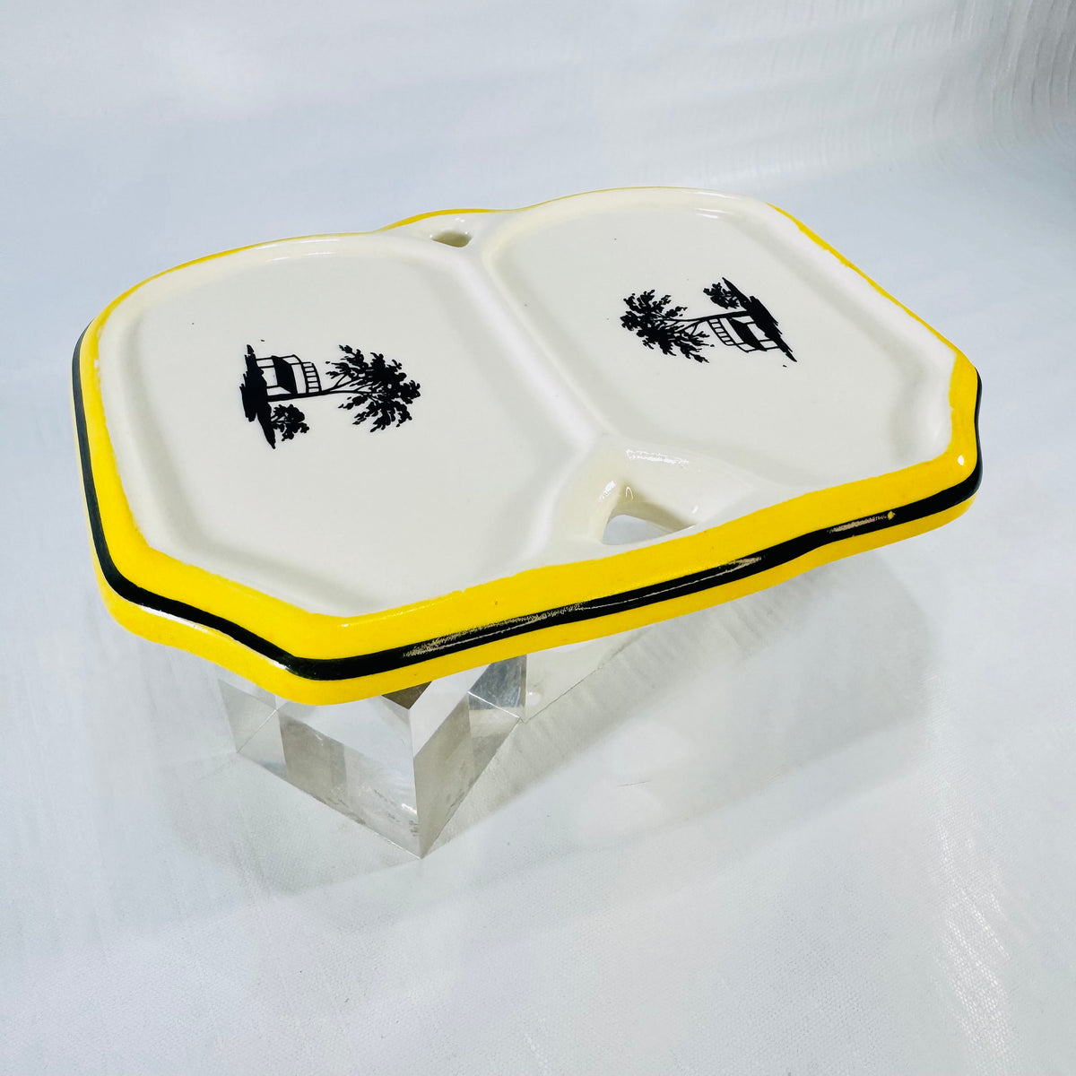 Maple Ware Japan Divided Condiment Dish Yellow Black Scenic Ceramic
