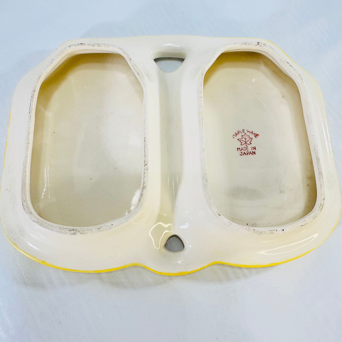 Maple Ware Japan Divided Condiment Dish Yellow Black Scenic Ceramic