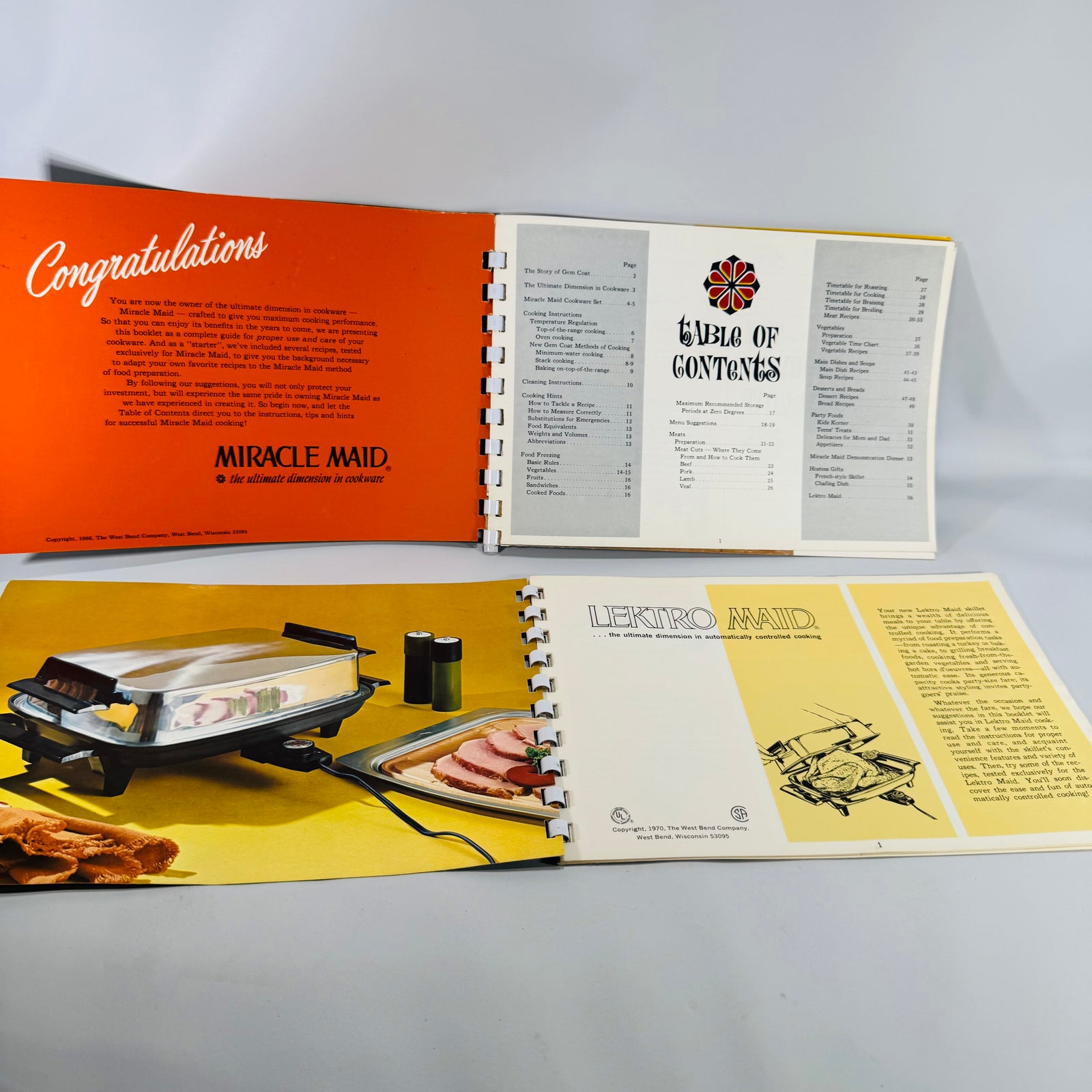 Lektro Maid Instructions (1970) + Miracle Maid “The Ultimate Dimension in Cookware” (1968) — West Bend | Comb-Bound Set, Vintage Cookware Manuals