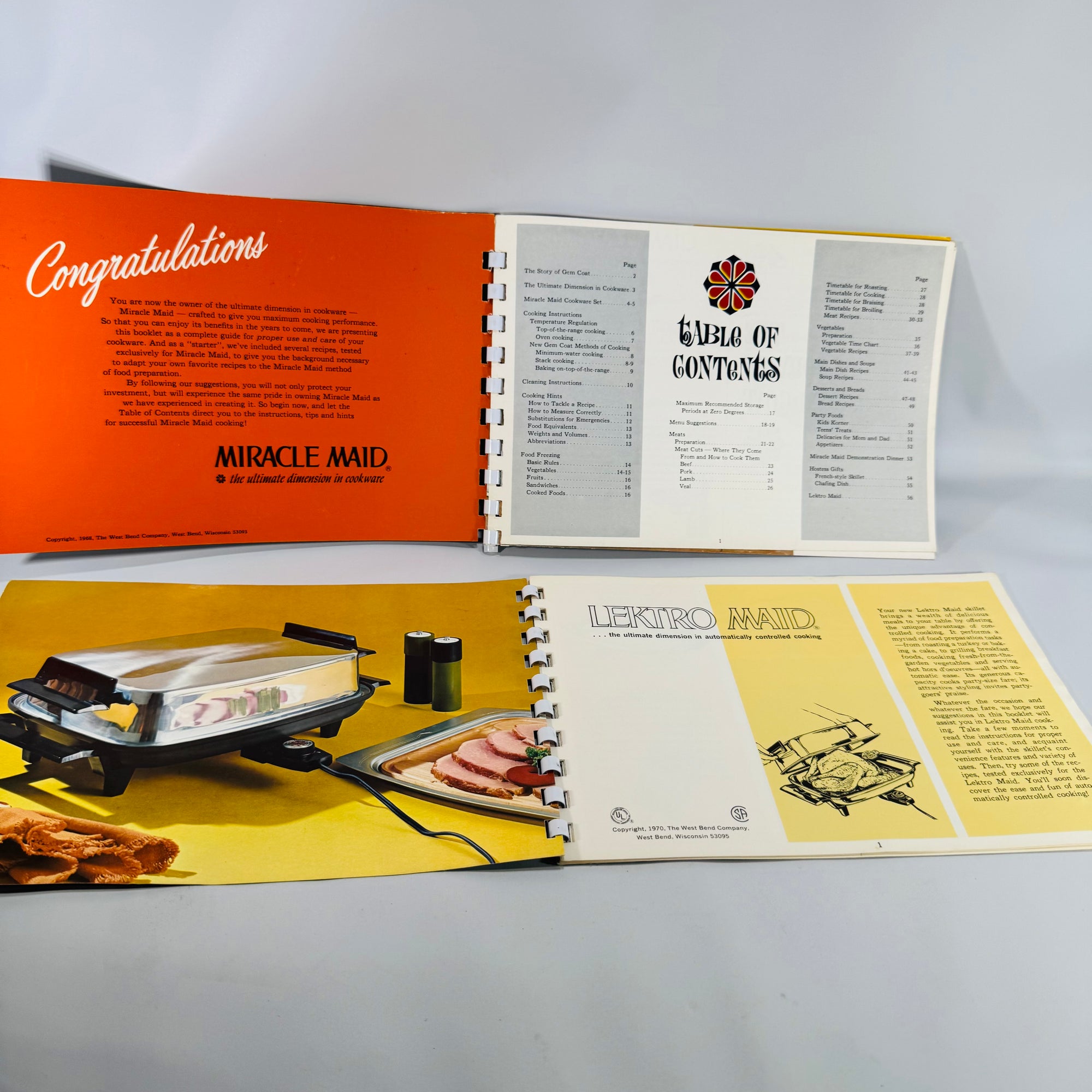 Lektro Maid Instructions (1970) + Miracle Maid “The Ultimate Dimension in Cookware” (1968) — West Bend | Comb-Bound Set, Vintage Cookware Manuals