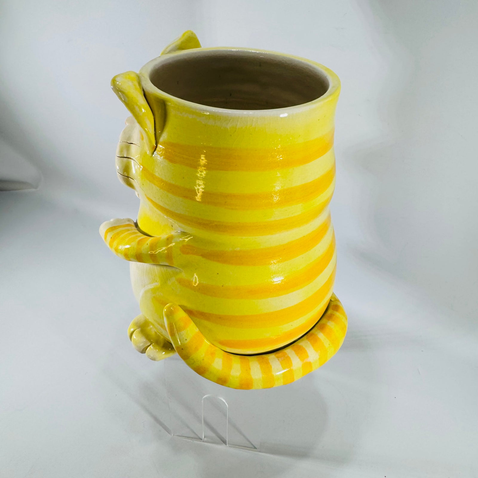 Vintage Hibisus Pottery Yellow Ceramic Cat Planter | Striped Cat Desk Organizer or Kitchen Utensil Crock