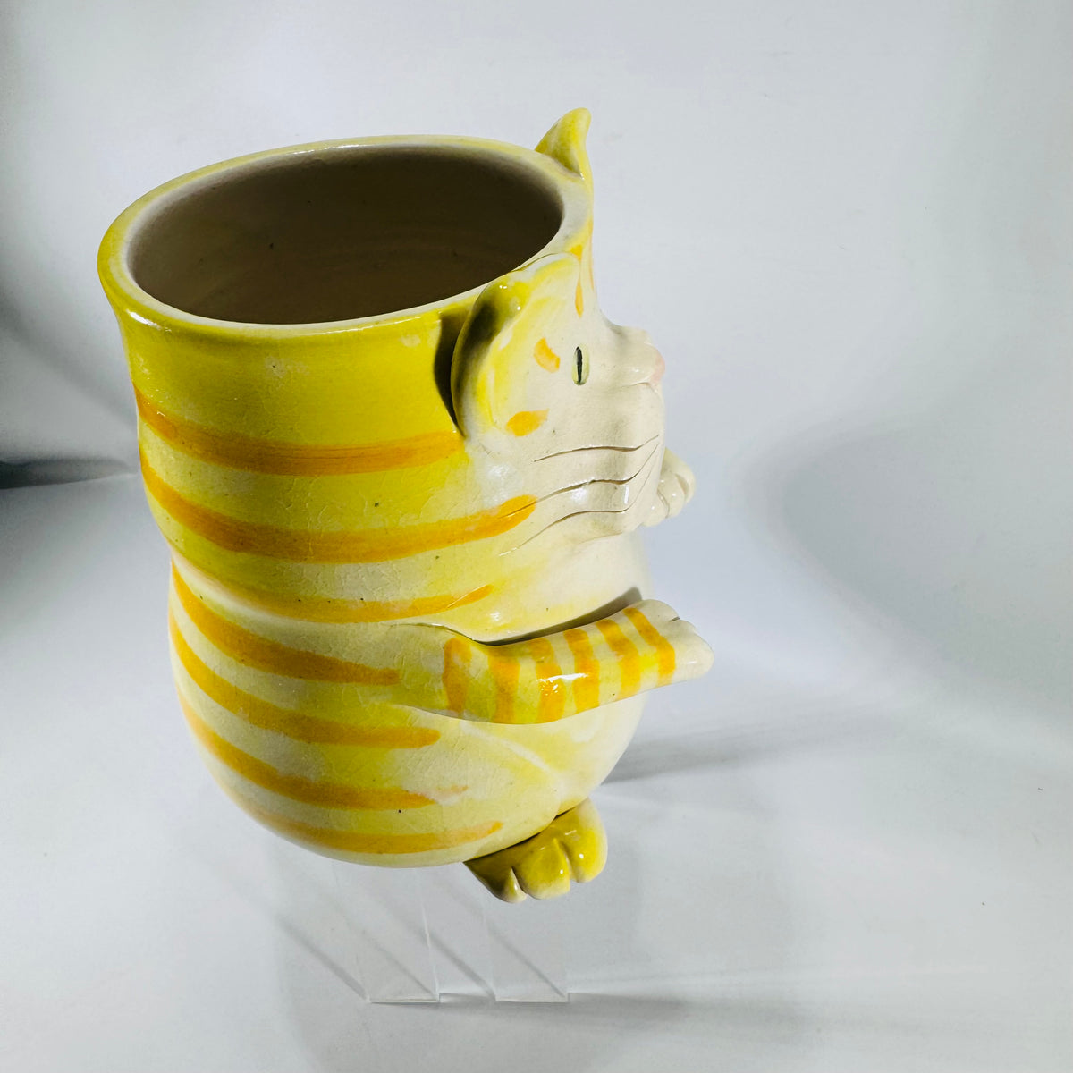 Vintage Hibisus Pottery Yellow Ceramic Cat Planter | Striped Cat Desk Organizer or Kitchen Utensil Crock