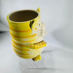 Vintage Hibisus Pottery Yellow Ceramic Cat Planter | Striped Cat Desk Organizer or Kitchen Utensil Crock