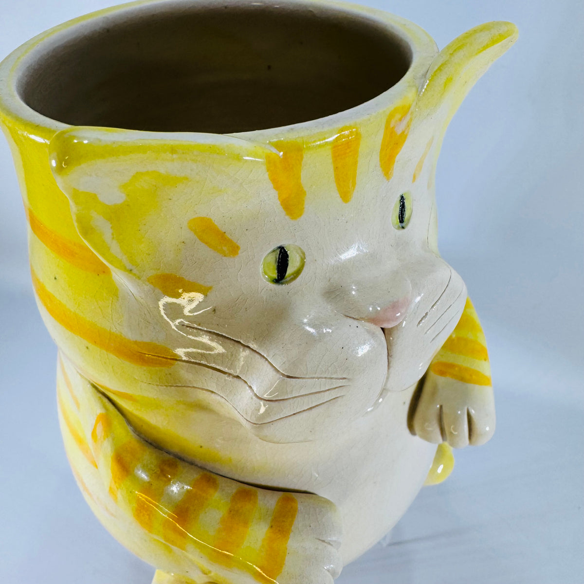 Vintage Hibisus Pottery Yellow Ceramic Cat Planter | Striped Cat Desk Organizer or Kitchen Utensil Crock