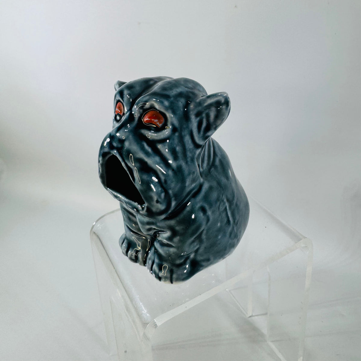Vintage Ceramic Folk Art Dog Figurine | Blue Gray Southern Face Jug Style Decor