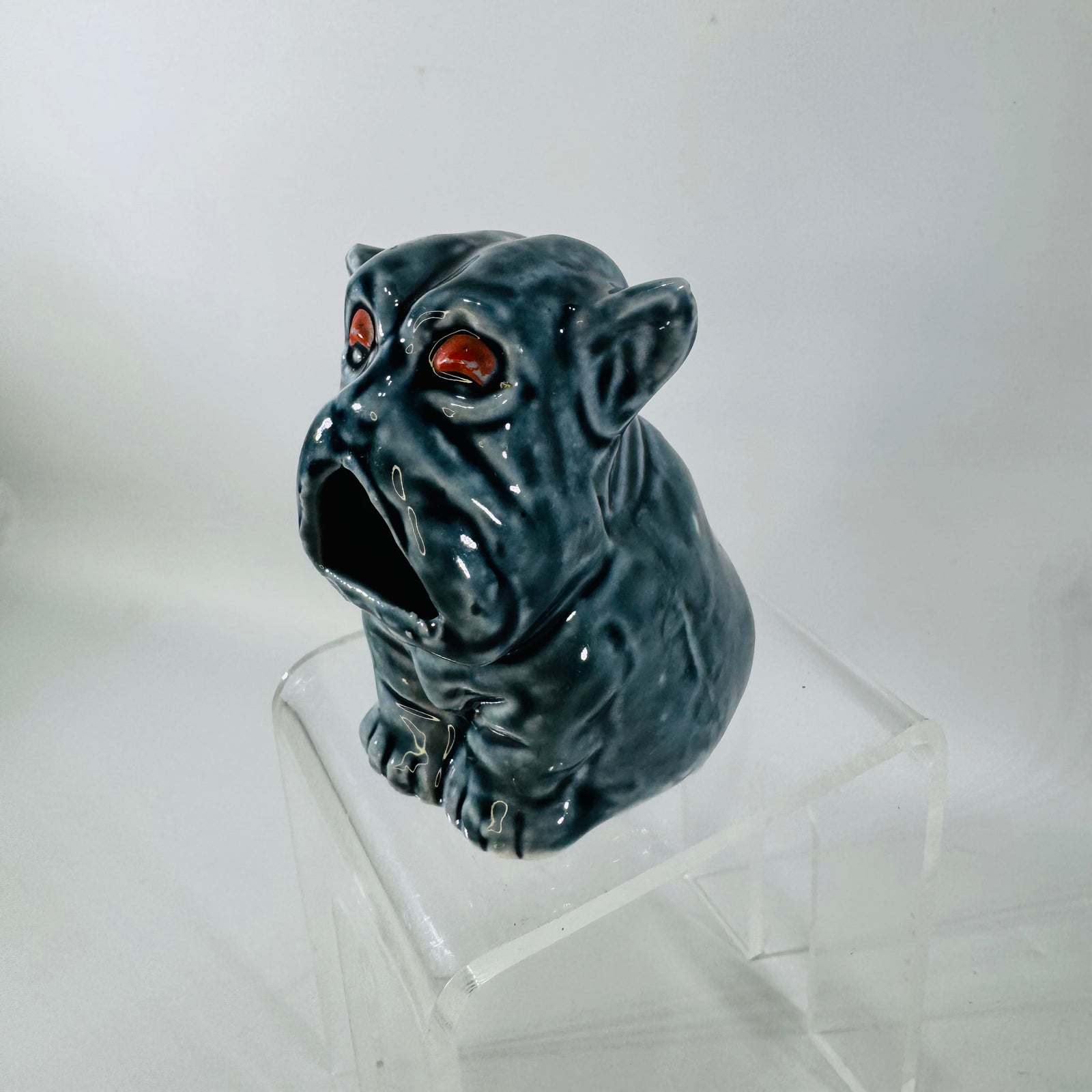 Vintage Ceramic Folk Art Dog Figurine | Blue Gray Southern Face Jug Style Decor