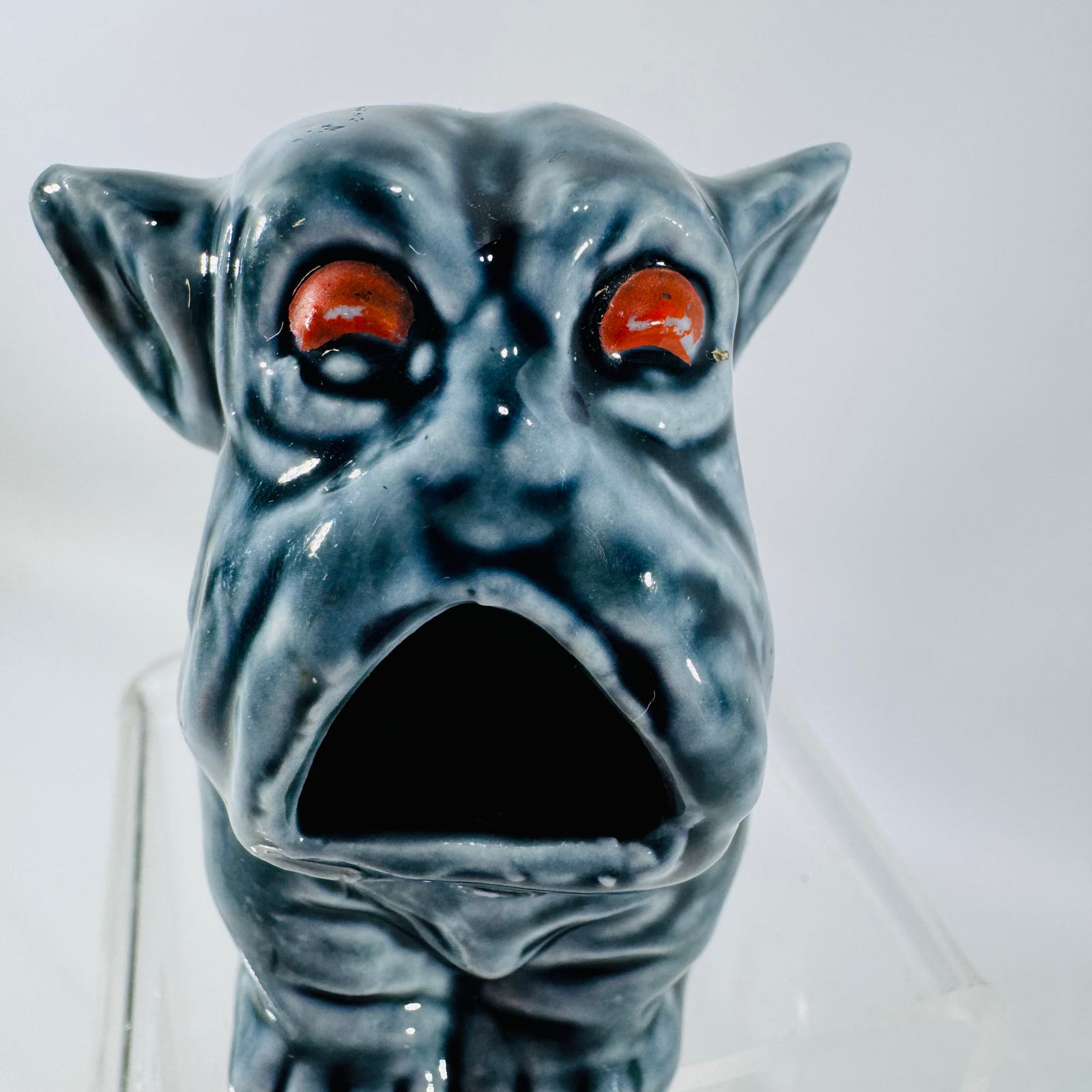 Vintage Ceramic Folk Art Dog Figurine | Blue Gray Southern Face Jug Style Decor
