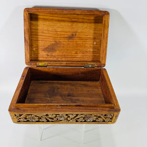 Vintage Carved Wood Trinket Box India | Floral Vine Keepsake Jewelry Box