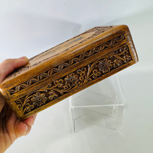 Vintage Carved Wood Trinket Box India | Floral Vine Keepsake Jewelry Box
