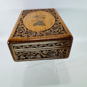 Vintage Carved Wood Trinket Box India | Floral Vine Keepsake Jewelry Box