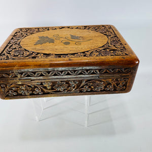 Vintage Carved Wood Trinket Box India | Floral Vine Keepsake Jewelry Box
