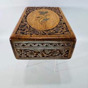 Vintage Carved Wood Trinket Box India | Floral Vine Keepsake Jewelry Box