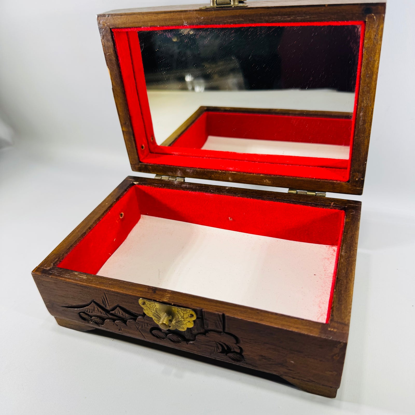Vintage Carved Wood Jewelry Box with Mirror | Red Interior Keepsake Box